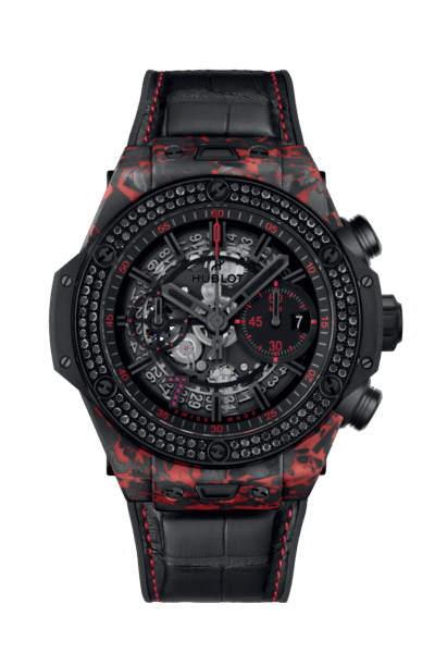 Hublot Big Bang Unico Red Carbon Black Diamonds Las Vegas Boutique, Matt Red Frosted carbon, 126 black diamonds, 44mm, Limited Edition, Ref# 421.QV.1113.LR.1100.LVB23