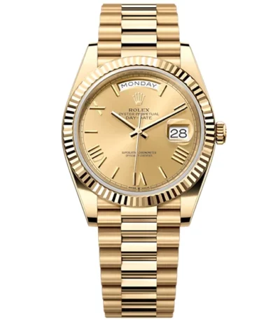 Rolex Day-Date 40 Presidential Champagne dial, Fluted Bezel, President bracelet, Yellow gold Watch
