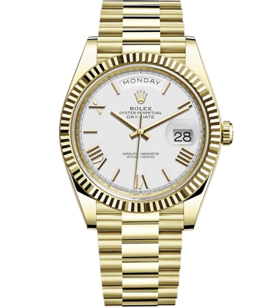 Rolex Day-Date 40 Presidential White dial, Fluted Bezel, President bracelet, Yellow gold Watch