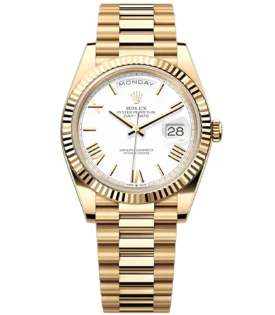 Rolex Day-Date 40 Presidential White dial, Fluted Bezel, President bracelet, Yellow gold Watch