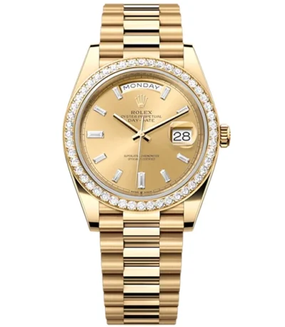 Rolex Day-Date 40 Presidential, Yellow gold, Champagne dial, Diamond Bezel, President bracelet,