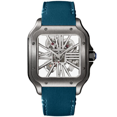 Santos de Cartier Large Skeleton Black ADLC Blue Strap Watch