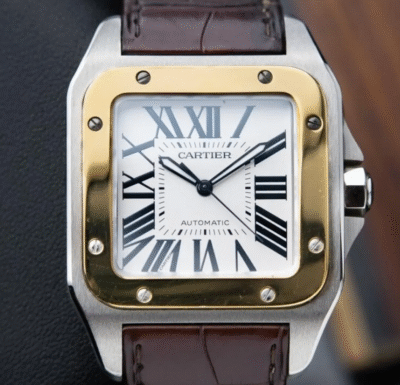 Cartier Santos XL Two Tone Gold Steel White Leather 38mm